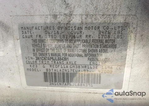 2018 Nissan Versa 1.6 S+ from USA, damaged, VIN 3N1CN7AP6JL884391